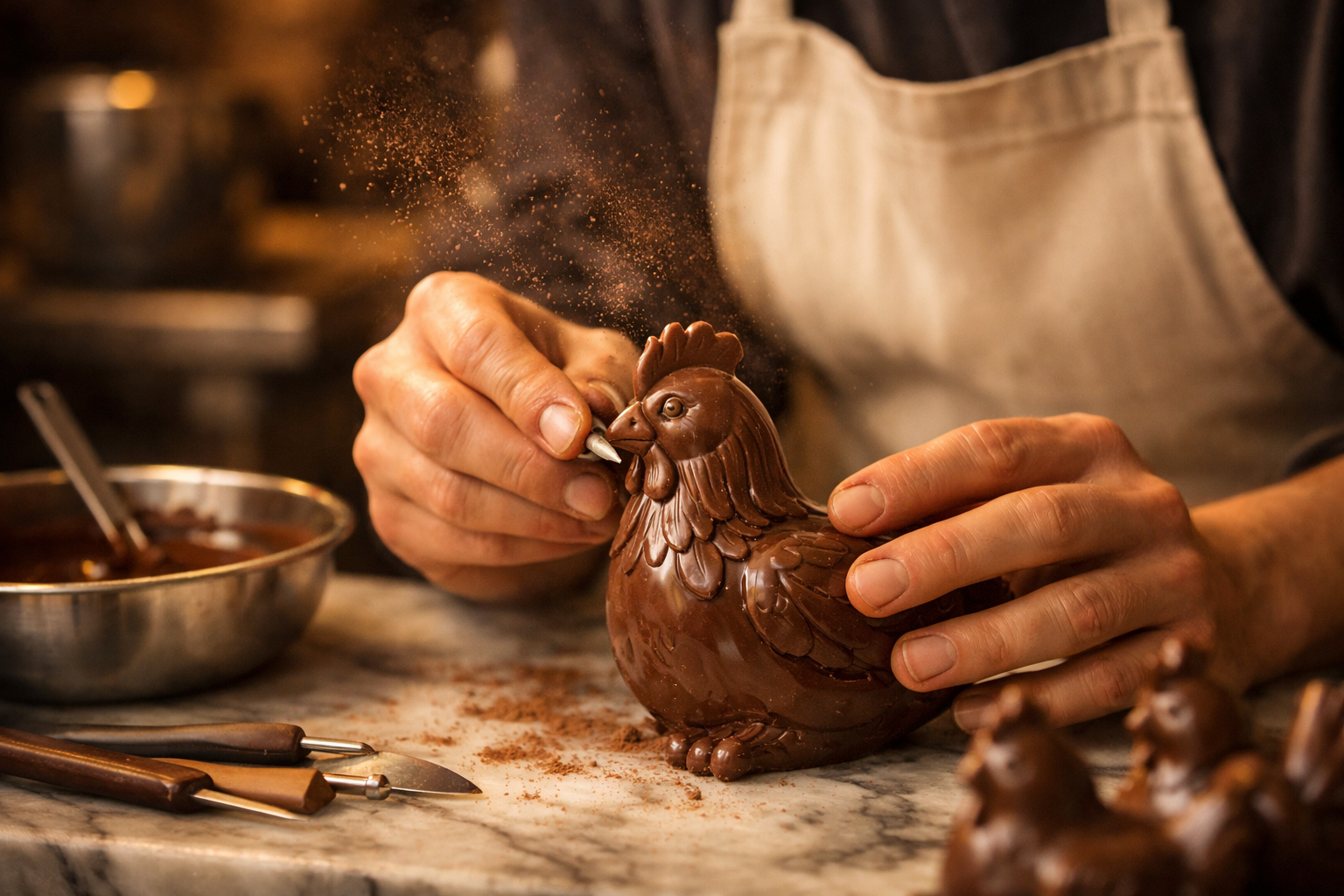 Close-up of artisan hands carefully decorating a chicken-shaped dessert