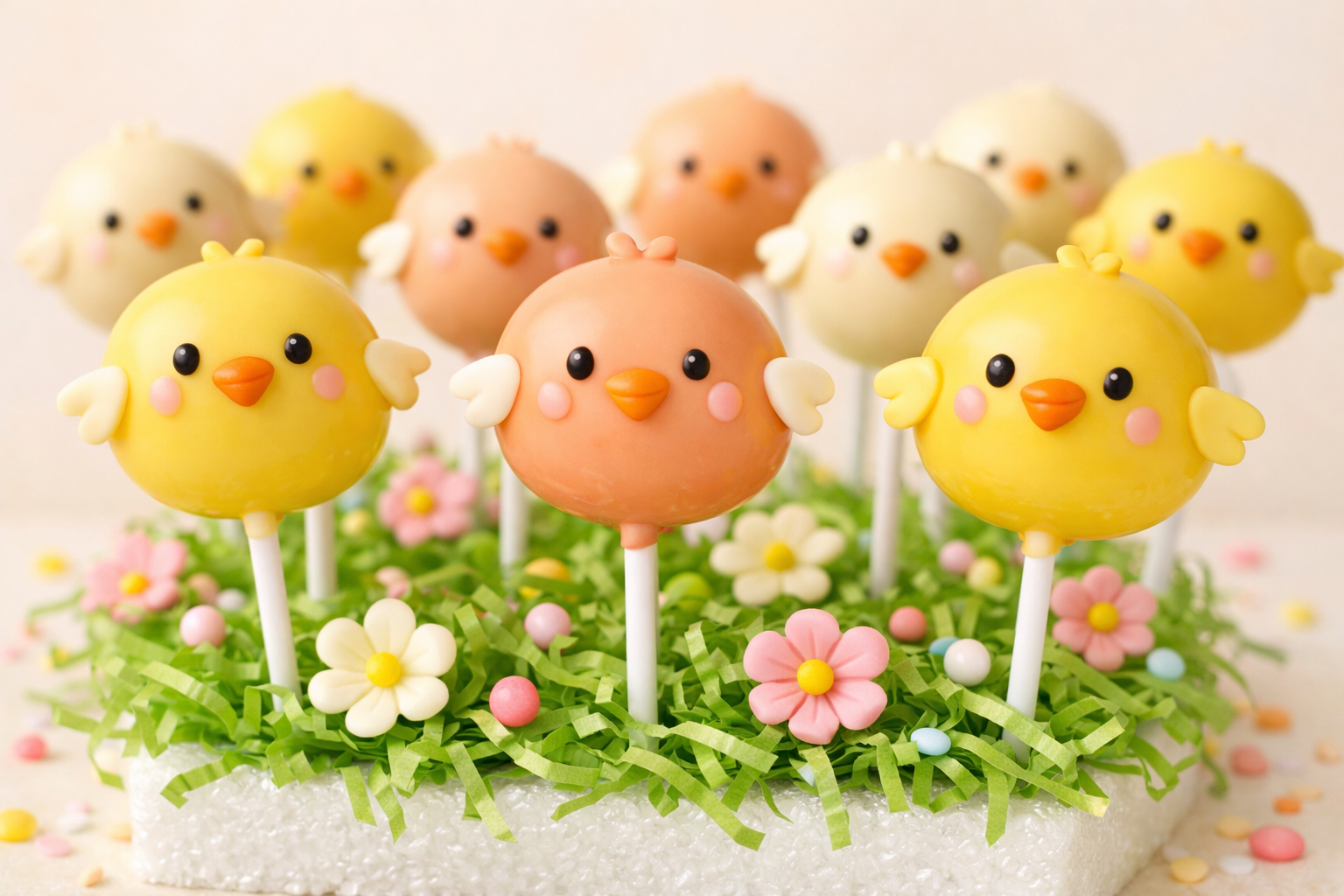 Colorful cake pops designed as cute baby chicks on sticks