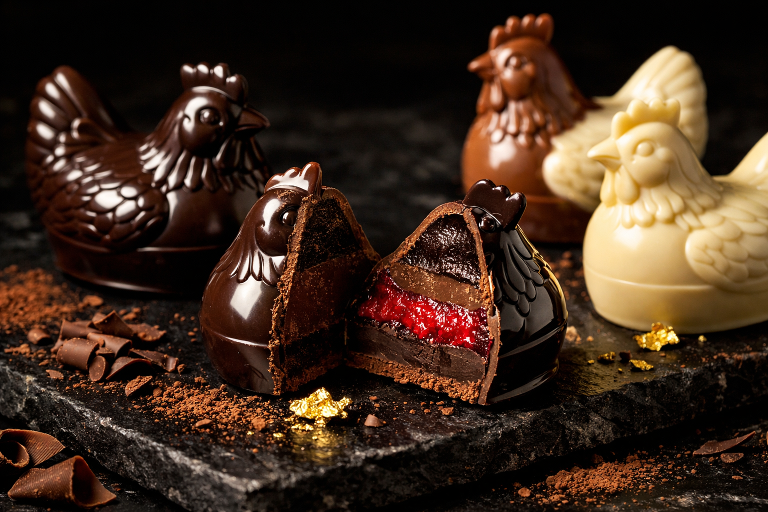 Artisan chocolate chicken figurines with visible filling cross-section