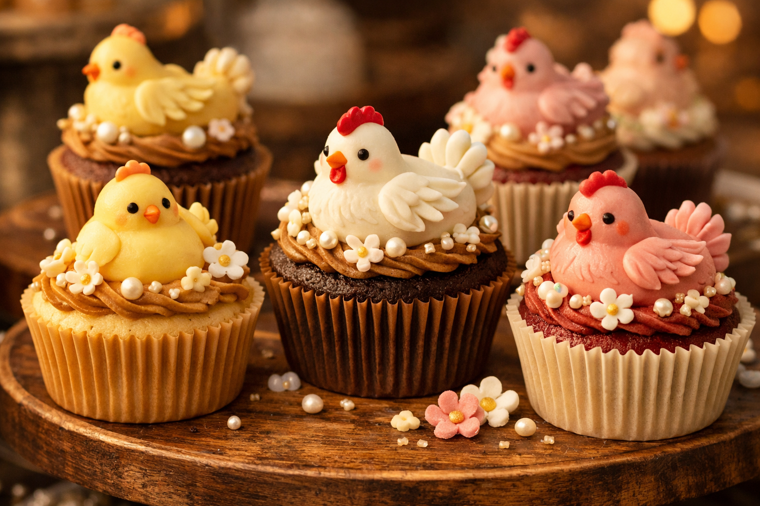 Decorated cupcakes topped with buttercream chicken designs