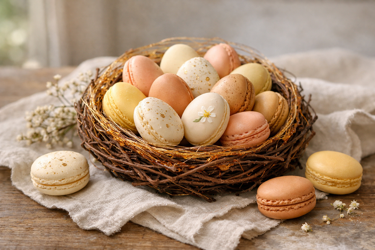 French macarons arranged in a decorative nest resembling eggs