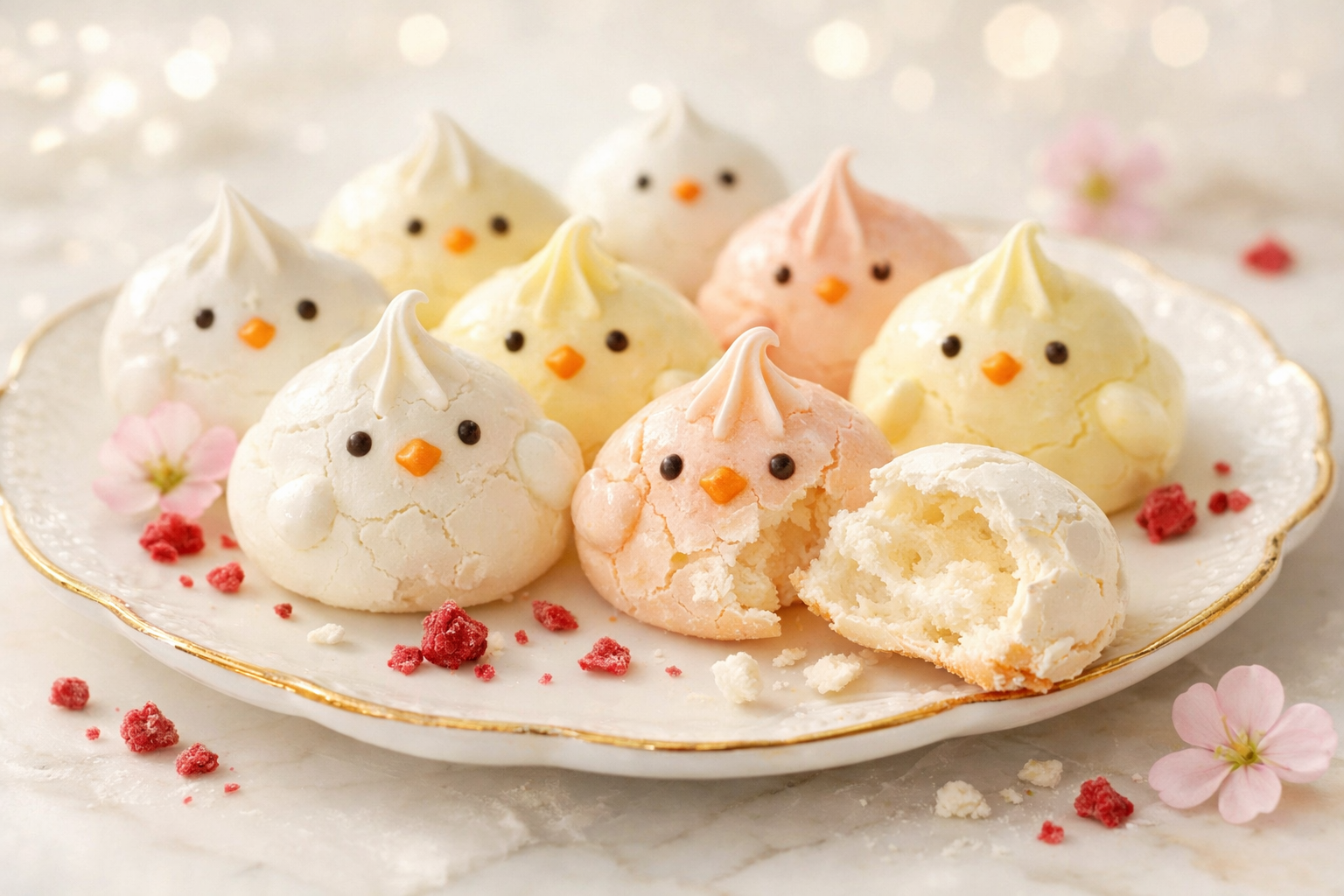 Light and airy meringue desserts shaped as baby chicks