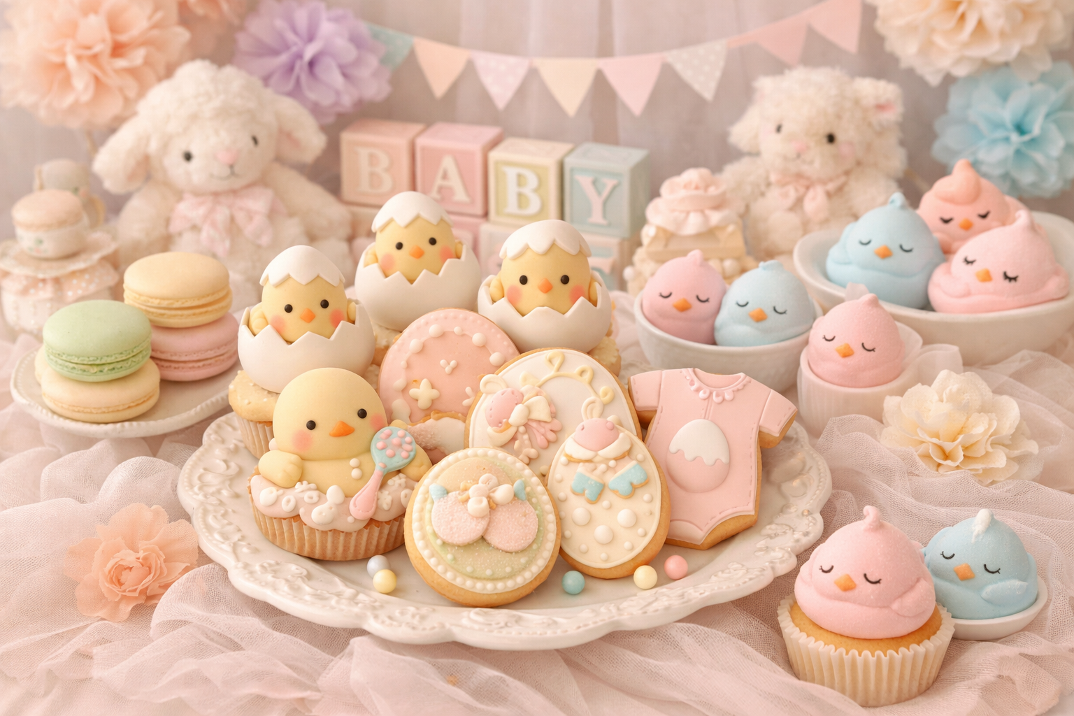 Pastel baby shower desserts with cute chick designs