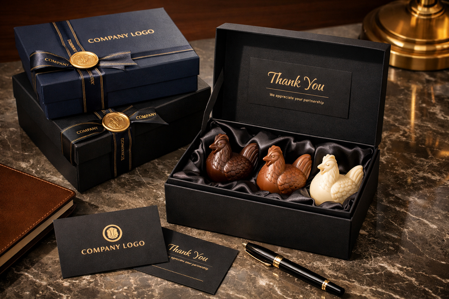 Branded corporate gift box with chocolate chicken figurines