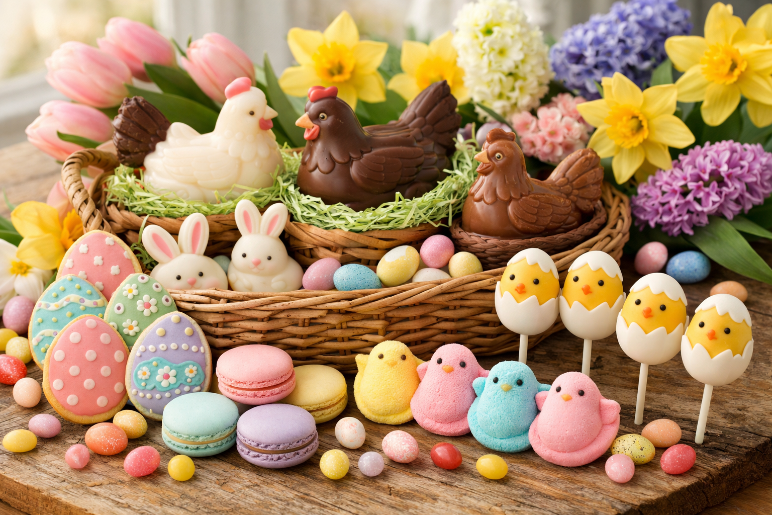 Assortment of handcrafted chicken-themed desserts including gingerbread, cake pops, and chocolate figurines