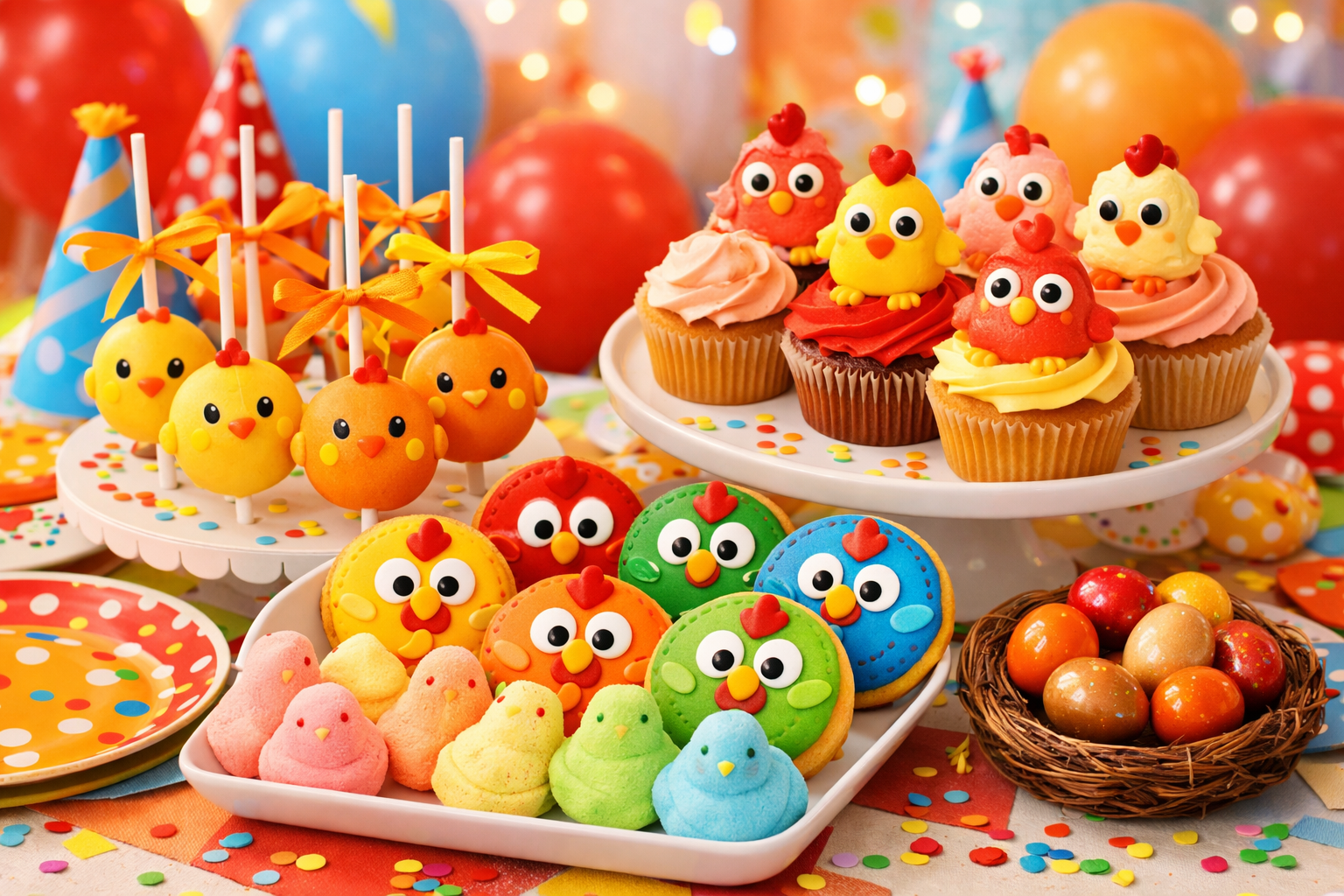 Colorful birthday party desserts shaped as cartoon chickens