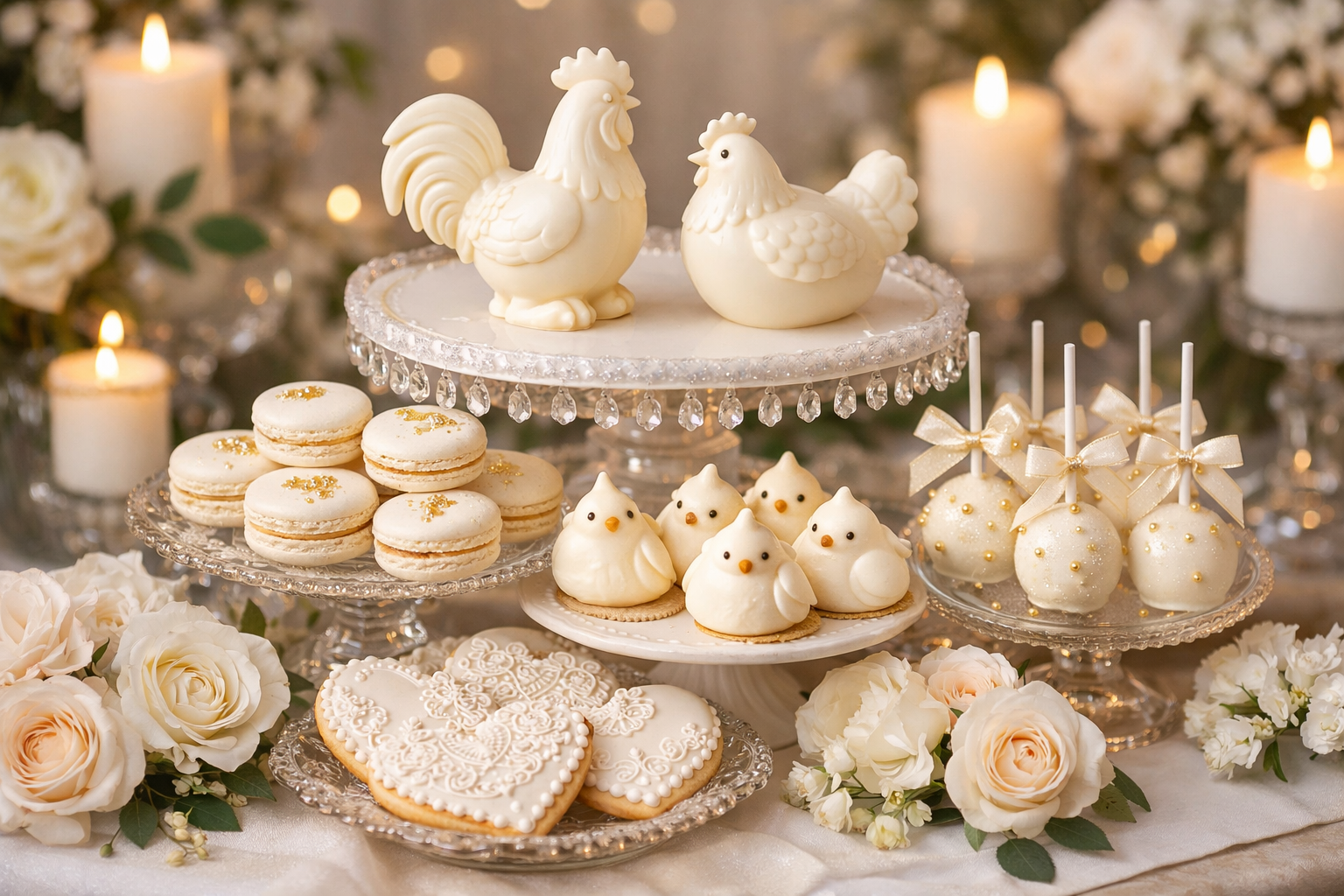 Elegant white wedding dessert collection with chicken-themed treats
