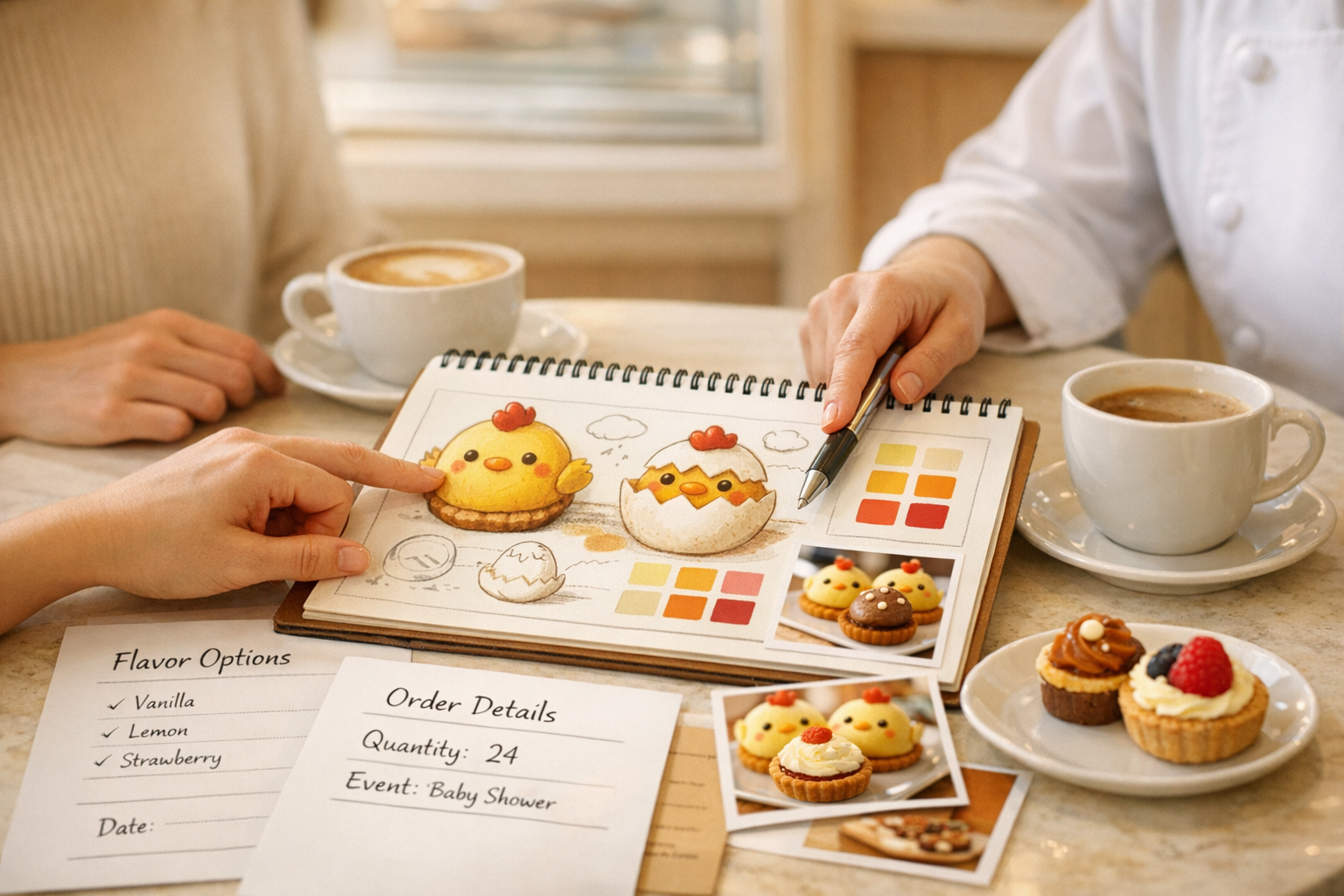 Pastry chef discussing custom dessert design with a client