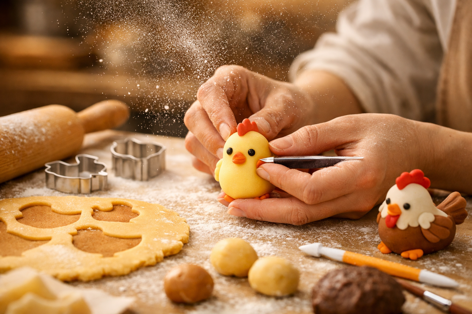 Artisan shaping chicken figurine from cookie dough