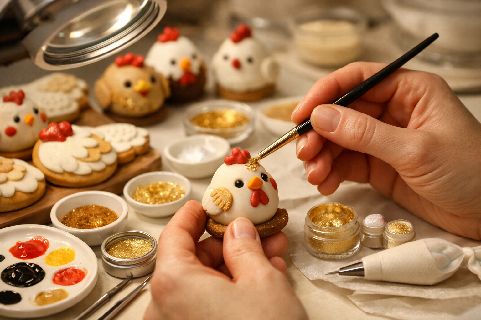 Detailed painting and decoration of finished dessert pieces