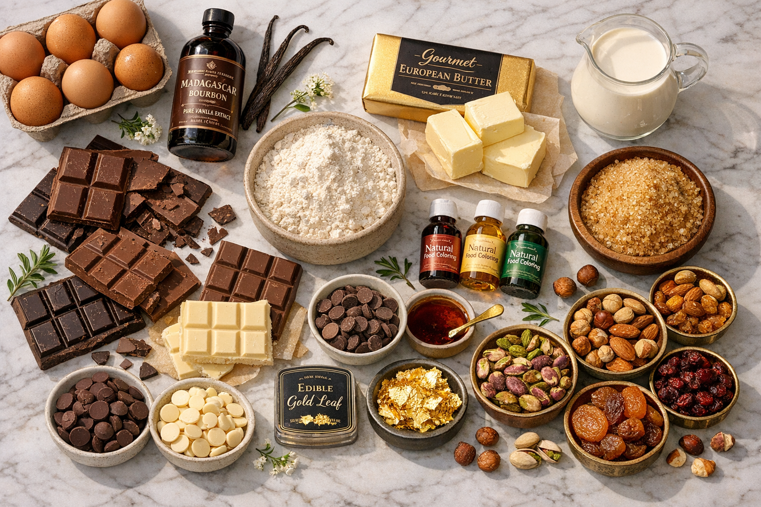 Premium baking ingredients including chocolate, butter, and flour