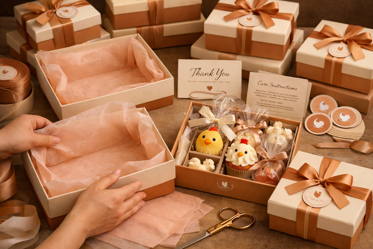 Careful packaging of desserts in elegant gift boxes